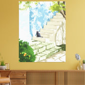 Zwarte kat op het Poster, Griekenland Santorini Canvas Afdruk (Insitu (Woonkamer))