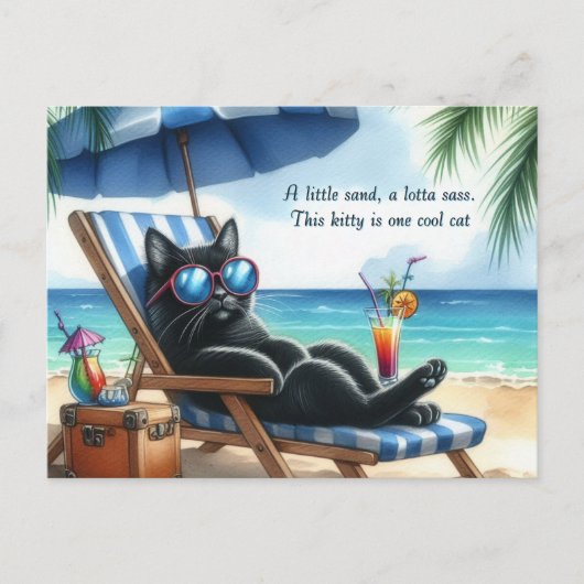 Zwarte kat op het strand briefkaart (Voorkant)