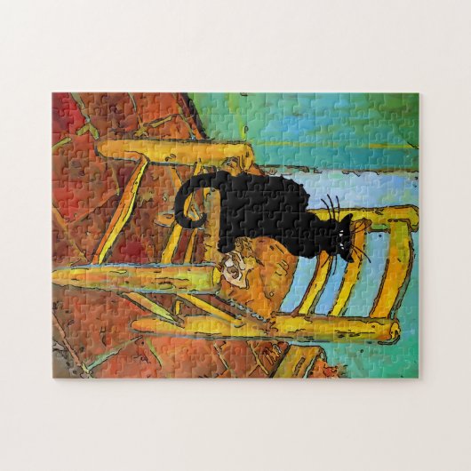 Zwarte kat op houten stoel legpuzzel (Horizontaal)