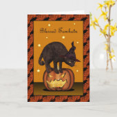 Zwarte kat op Jack-o-lantaarn Samhain Wenskaart Kaart (Gele Bloem)