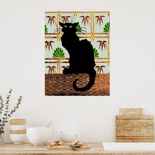 Zwarte kat op Japans wandpapier Poster (Keuken)