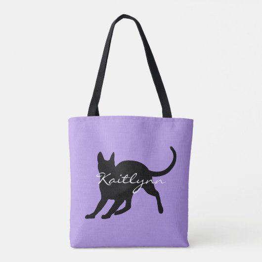 Zwarte kat op lavender tote bag (Achterkant)