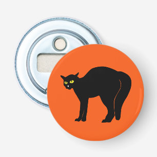 Zwarte kat op levendig oranje button flesopener
