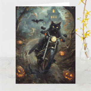 Zwarte Kat op Motorfiets Halloween Griezelen Kaart