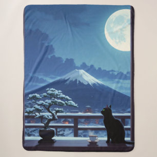 Zwarte kat op Mount Fuji onder volle maan in winte Sherpa Deken