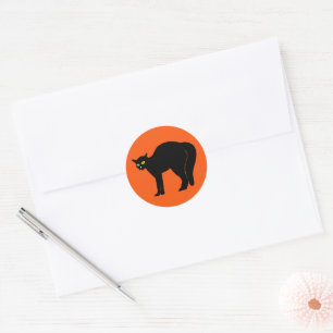Zwarte Kat op Oranje Ronde Sticker