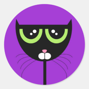 Zwarte kat op Paars - Zelfklever Ronde Sticker