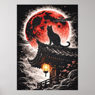 Zwarte kat op pagodedak, rode maan - Japanse kunst Poster