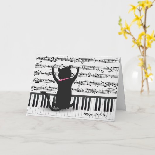 zwarte kat op pianolverjaardag kaart (Gele Bloem)