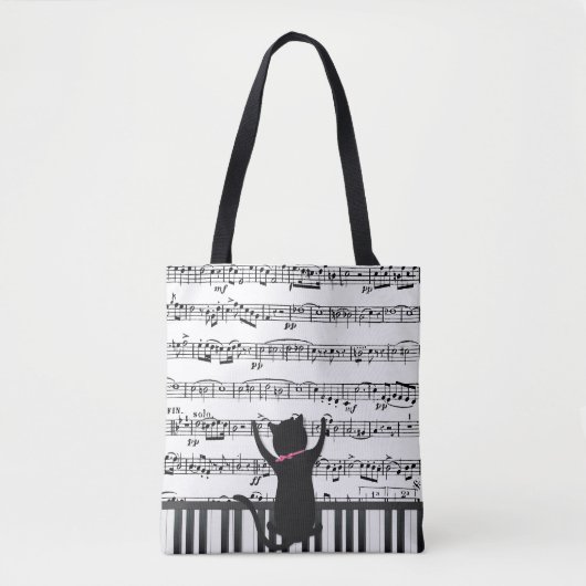 Zwarte kat op pianotoetsen tote bag (Voorkant)