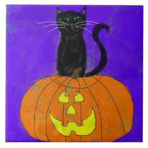 Zwarte kat op pompoen Abstracte Halloween kunst Tegeltje