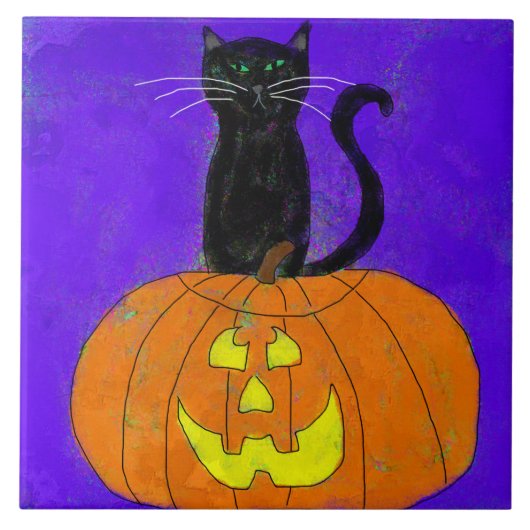 Zwarte kat op pompoen Abstracte Halloween kunst Tegeltje (Voorkant)