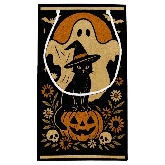 Zwarte kat op pompoen Halloween Gift Bag – Spooky Klein Cadeauzakje (Achterkant)