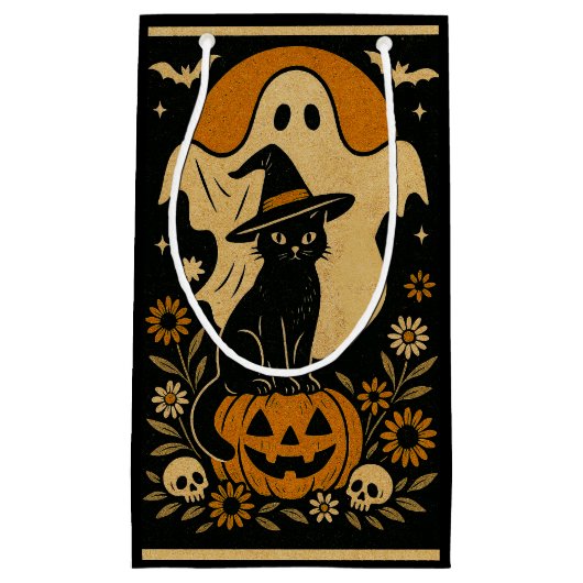 Zwarte kat op pompoen Halloween Gift Bag – Spooky Klein Cadeauzakje (Voorkant)