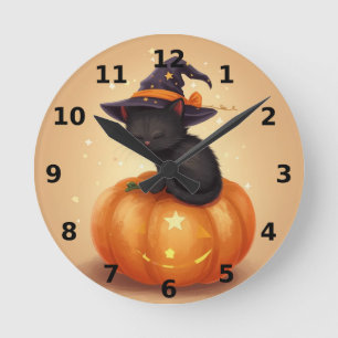 Zwarte kat op pompoen Halloween Wall Clock Ronde Klok
