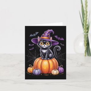 Zwarte Kat Op Pompoen Met Heksenhoed Halloween Kaart