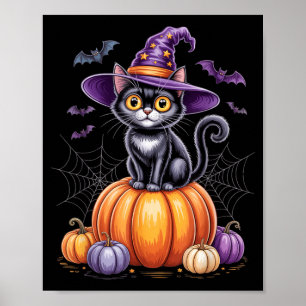 Zwarte Kat Op Pompoen Met Heksenhoed Halloween Poster