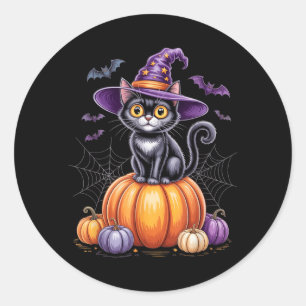 Zwarte Kat Op Pompoen Met Heksenhoed Halloween Ronde Sticker