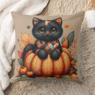 Zwarte Kat op Pompoen met Herfst Dekenpatroon Kussen