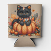 Zwarte kat op pompoen met herfst quilt patroon blikjeskoeler (Voorkant)