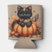 Zwarte kat op pompoen met herfst quilt patroon blikjeskoeler (Achterkant)