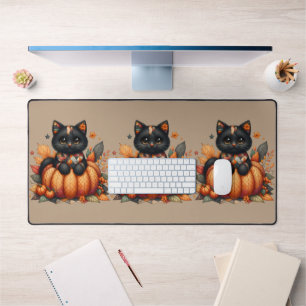 Zwarte kat op pompoen met herfst quilt patroon bureaumat