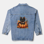 Zwarte kat op pompoen met herfst quilt patroon denim jacket (Achterkant)