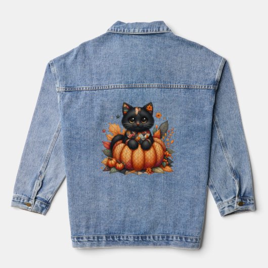 Zwarte kat op pompoen met herfst quilt patroon denim jacket (Achterkant)