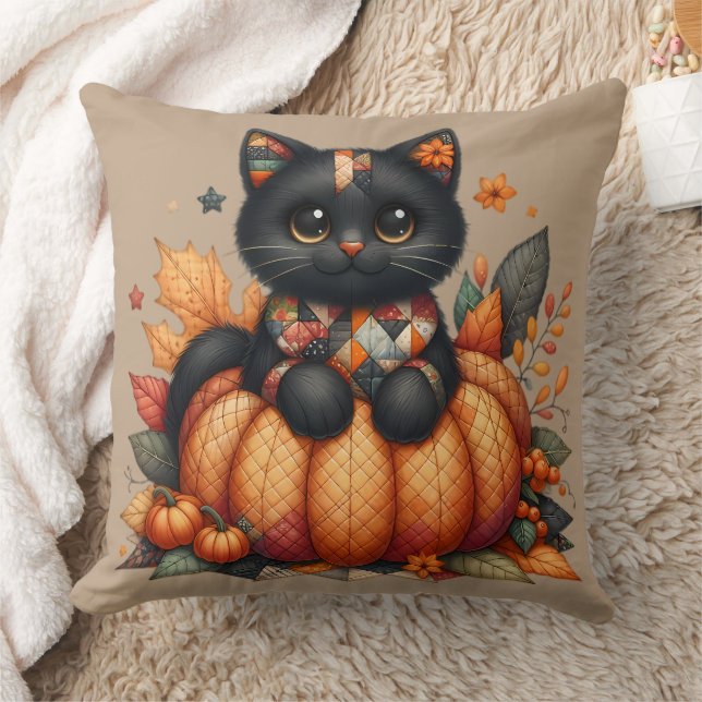 Zwarte kat op pompoen met herfst quilt patroon kussen (Deken)