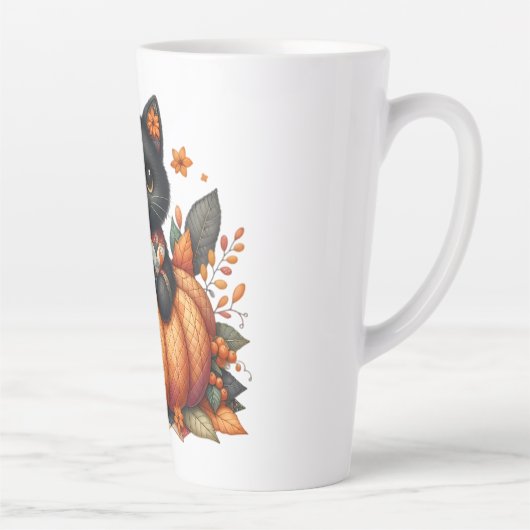 Zwarte kat op pompoen met herfst quilt patroon latte mok (Rechts)