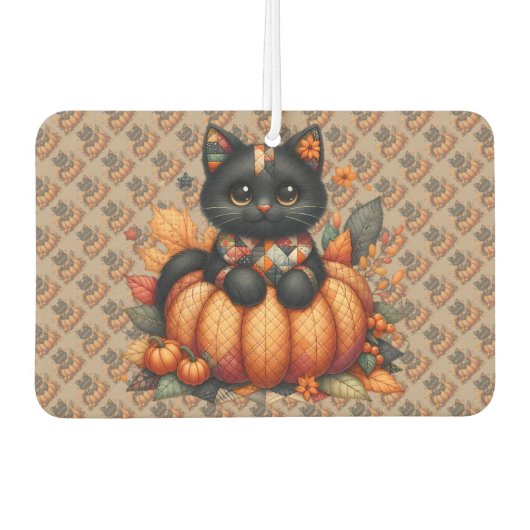 Zwarte kat op pompoen met herfst quilt patroon luchtverfrisser (Voorkant)