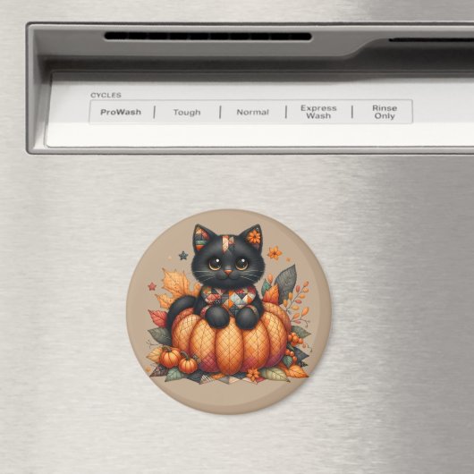 Zwarte kat op pompoen met herfst quilt patroon magneet (Insitu (Vaatwasser))