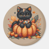 Zwarte kat op pompoen met herfst quilt patroon magneet (Voorkant)