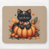 Zwarte kat op pompoen met herfst quilt patroon muismat (Voorkant)