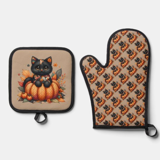 Zwarte kat op pompoen met herfst quilt patroon ovenwant & pannenlap set (Voorkant)