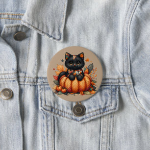 Zwarte kat op pompoen met herfst quilt patroon ronde button 7,6 cm