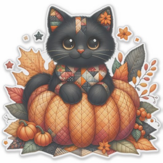 Zwarte kat op pompoen met herfst quilt patroon sticker (Voorkant)