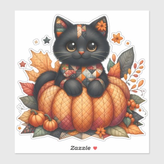 Zwarte kat op pompoen met herfst quilt patroon sticker (Vel)