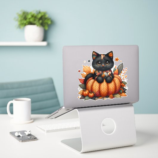 Zwarte kat op pompoen met herfst quilt patroon sticker (Laptop op bureau)