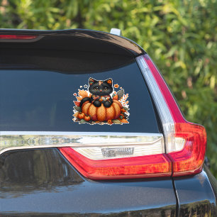 Zwarte kat op pompoen met herfst quilt patroon sticker