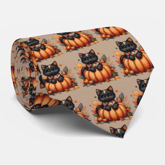 Zwarte kat op pompoen met herfst quilt patroon stropdas (Opgerold)