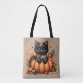 Zwarte kat op pompoen met herfst quilt patroon tote bag (Voorkant)