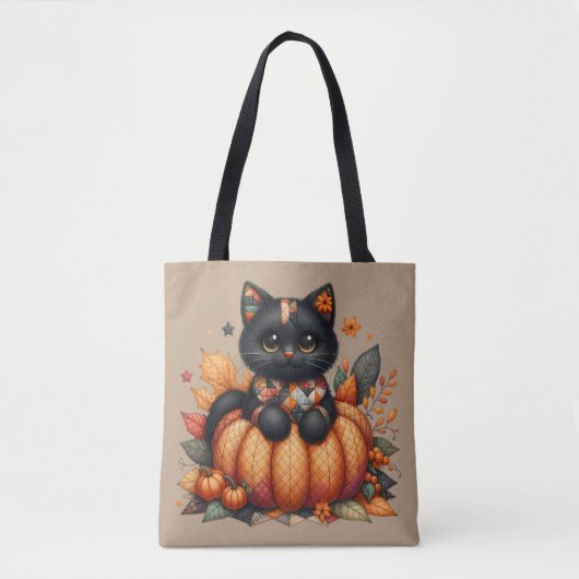 Zwarte kat op pompoen met herfst quilt patroon tote bag (Voorkant)