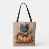 Zwarte kat op pompoen met herfst quilt patroon tote bag (Achterkant)