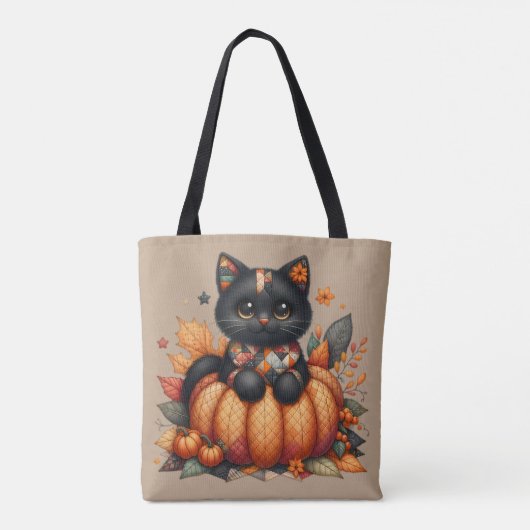 Zwarte kat op pompoen met herfst quilt patroon tote bag (Achterkant)