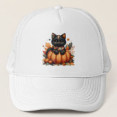 Zwarte kat op pompoen met herfst quilt patroon trucker pet (Voorkant)