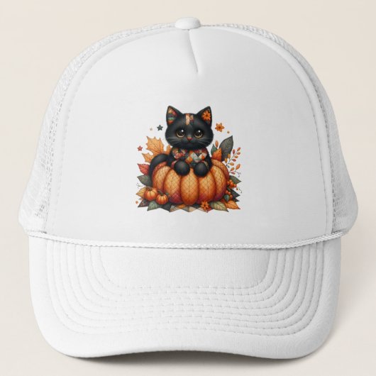 Zwarte kat op pompoen met herfst quilt patroon trucker pet (Voorkant)