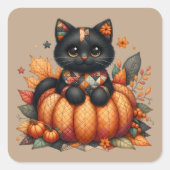 Zwarte kat op pompoen met herfst quilt patroon vierkante sticker (Voorkant)