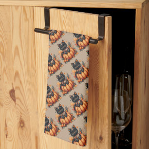 Zwarte kat op pompoen met herfstquiltpatroon theedoek