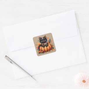 Zwarte kat op pompoen met herfstquiltpatroon vierkante sticker